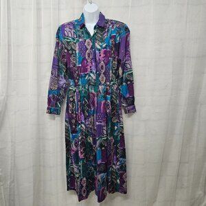 Vintage California Design Dorothy Samuel Purple Midi Shirt Dress Abstract 8